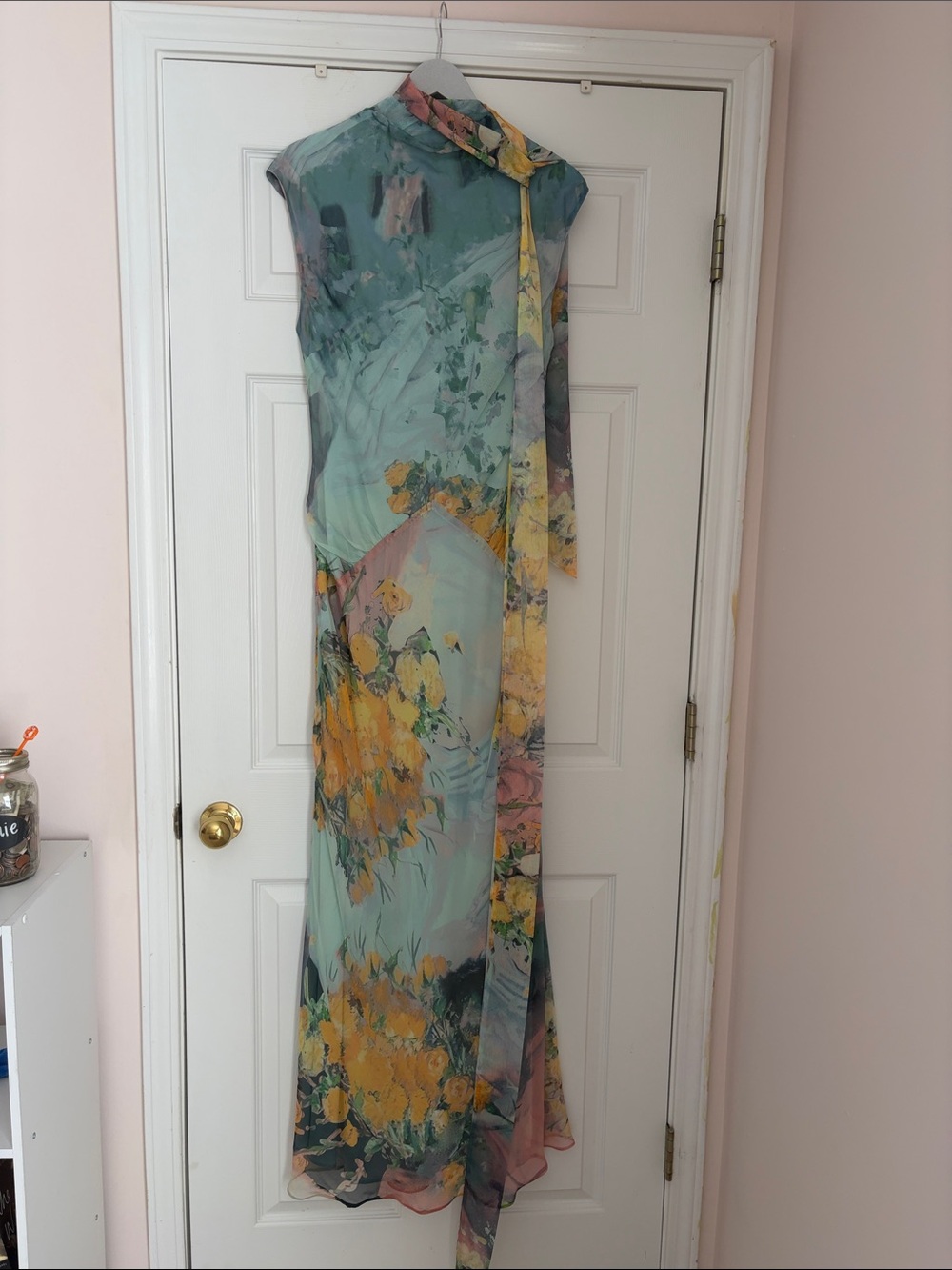 Floral Tie-Neck Maxi Dress in Mint and Yellow